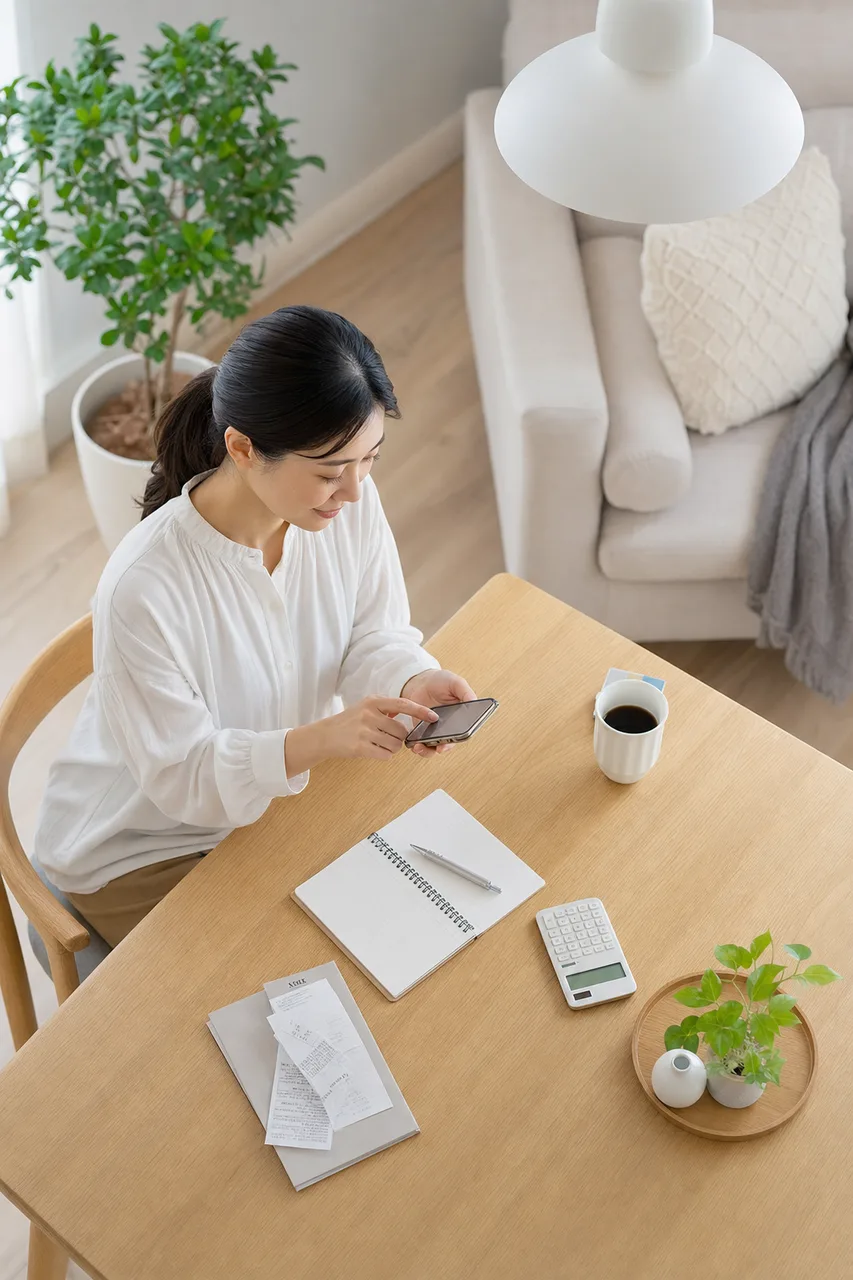 家計を管理するフィンテック利用者（提案資料用）。家計を管理するフィンテック利用者をテーマに、提案資料用として使いやすく構成した商用AI素材です。