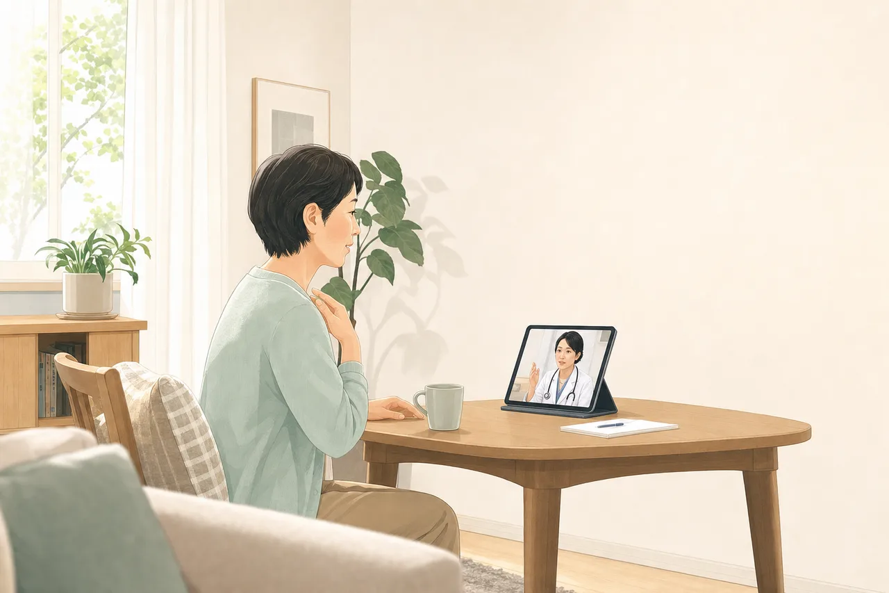 自宅でオンライン診療を受ける患者（提案資料用）。自宅でオンライン診療を受ける患者をテーマに、提案資料用として使いやすく構成した商用AI素材です。