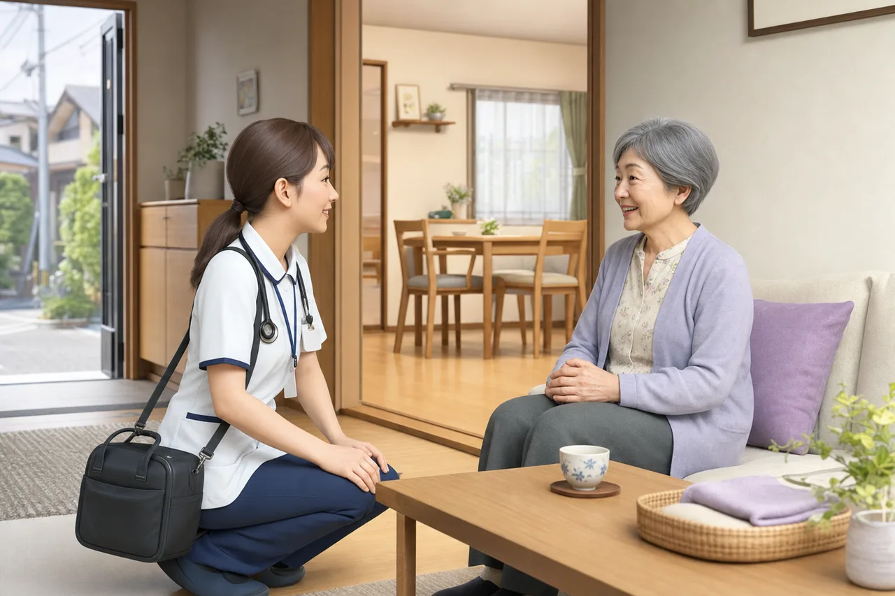 高齢者を訪問する看護師（提案資料用）。高齢者を訪問する看護師をテーマに、提案資料用として使いやすく構成した商用AI素材です。