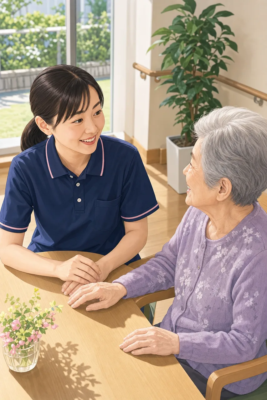 介護施設で会話する介護士と高齢者（提案資料用）。介護施設で会話する介護士と高齢者をテーマに、提案資料用として使いやすく構成した商用AI素材です。