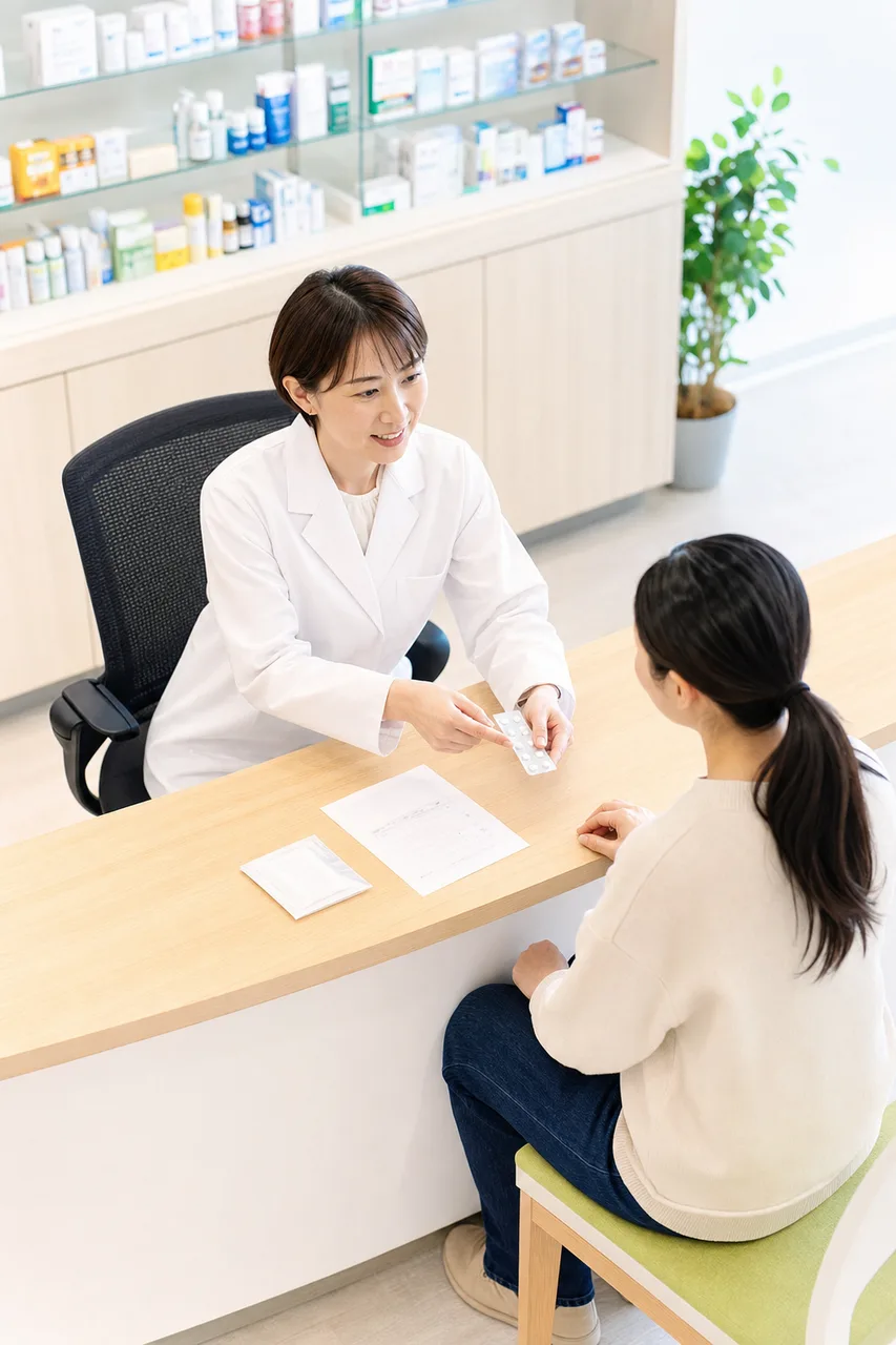 薬局で服薬説明をする薬剤師（提案資料用）。薬局で服薬説明をする薬剤師をテーマに、提案資料用として使いやすく構成した商用AI素材です。
