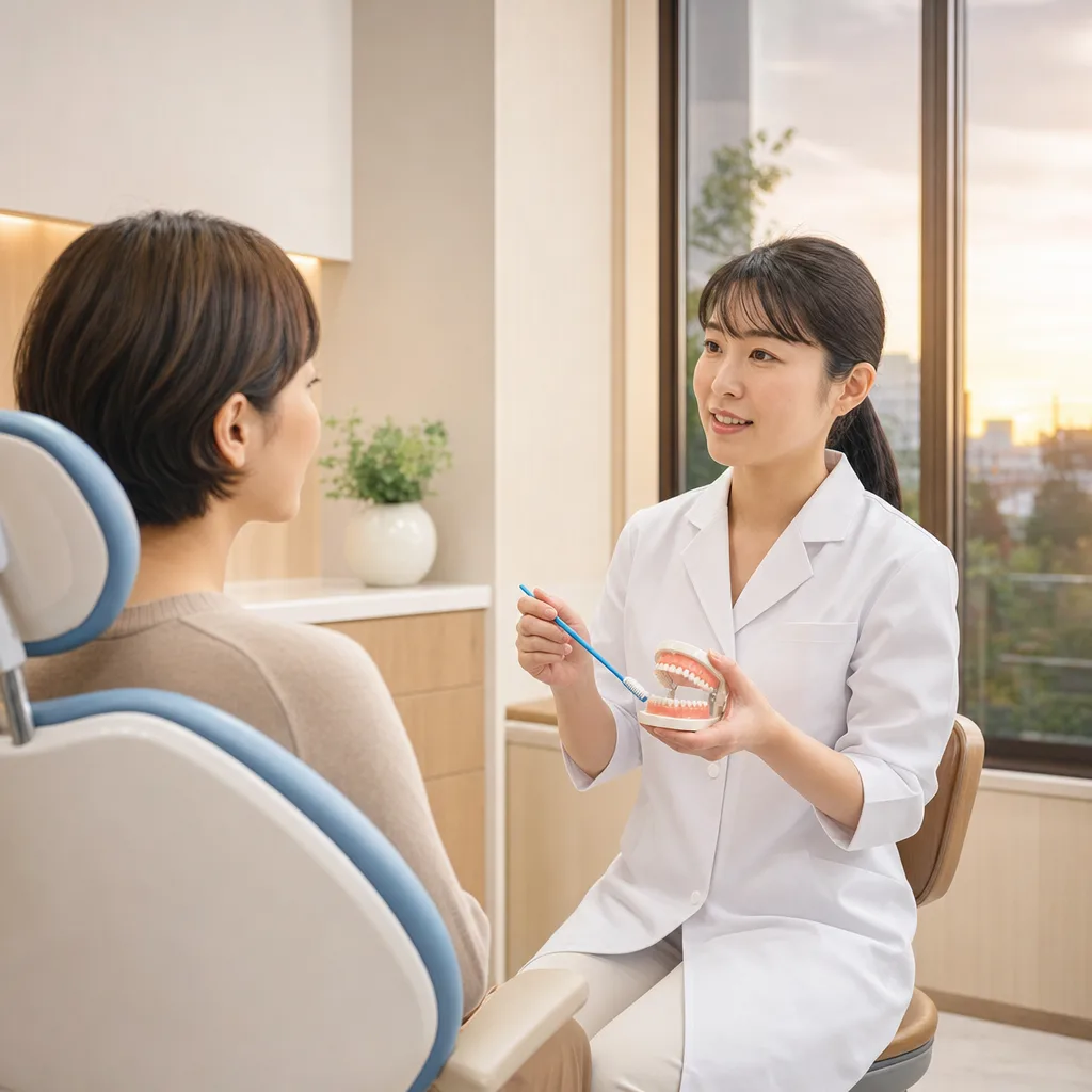歯科医院で口腔ケアの説明を受ける患者（提案資料用）。歯科医院で口腔ケアの説明を受ける患者をテーマに、提案資料用として使いやすく構成した商用AI素材です。