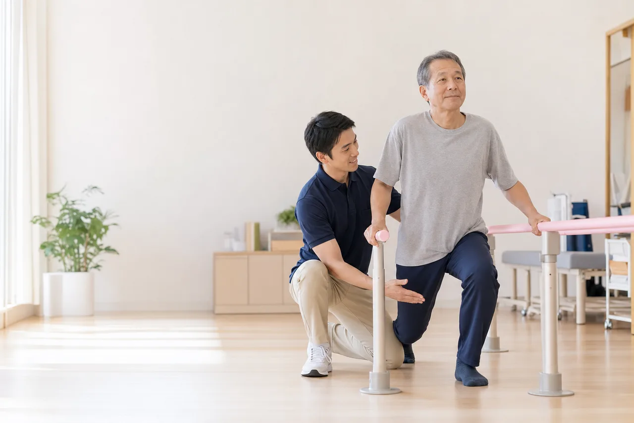 理学療法士とリハビリするシニア（提案資料用）。理学療法士とリハビリするシニアをテーマに、提案資料用として使いやすく構成した商用AI素材です。
