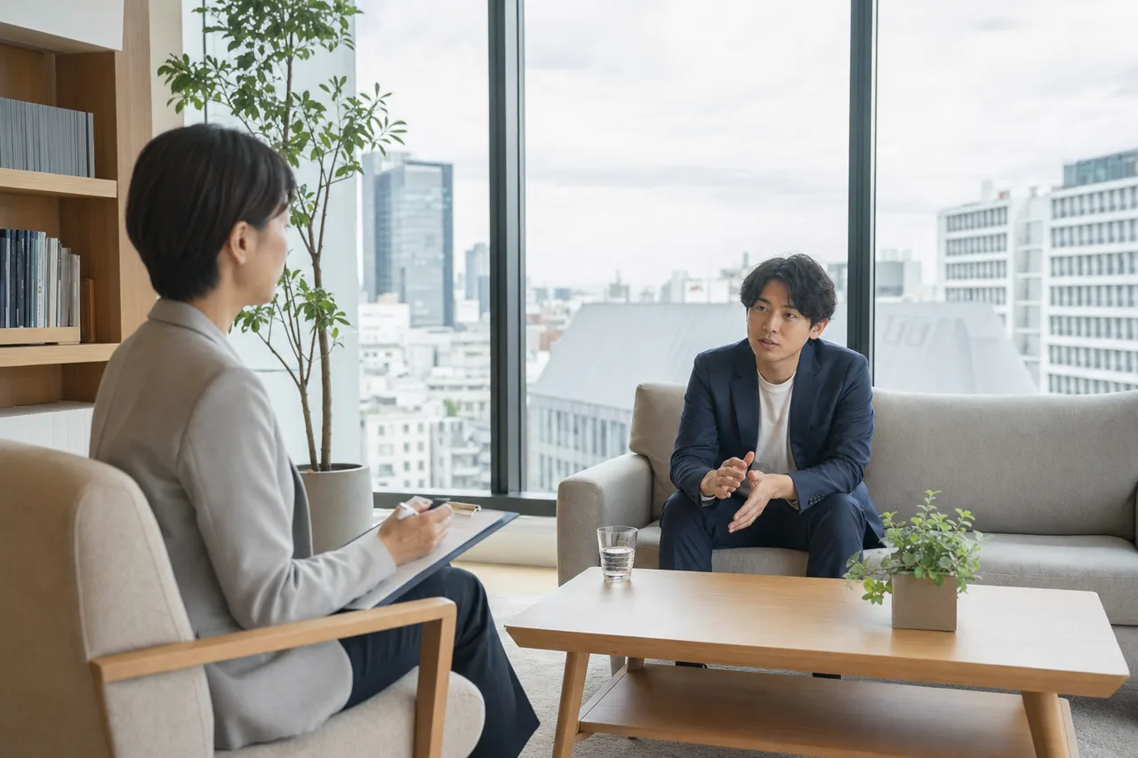 カウンセラーに心の健康を相談する会社員（提案資料用）。カウンセラーに心の健康を相談する会社員をテーマに、提案資料用として使いやすく構成した商用AI素材です。