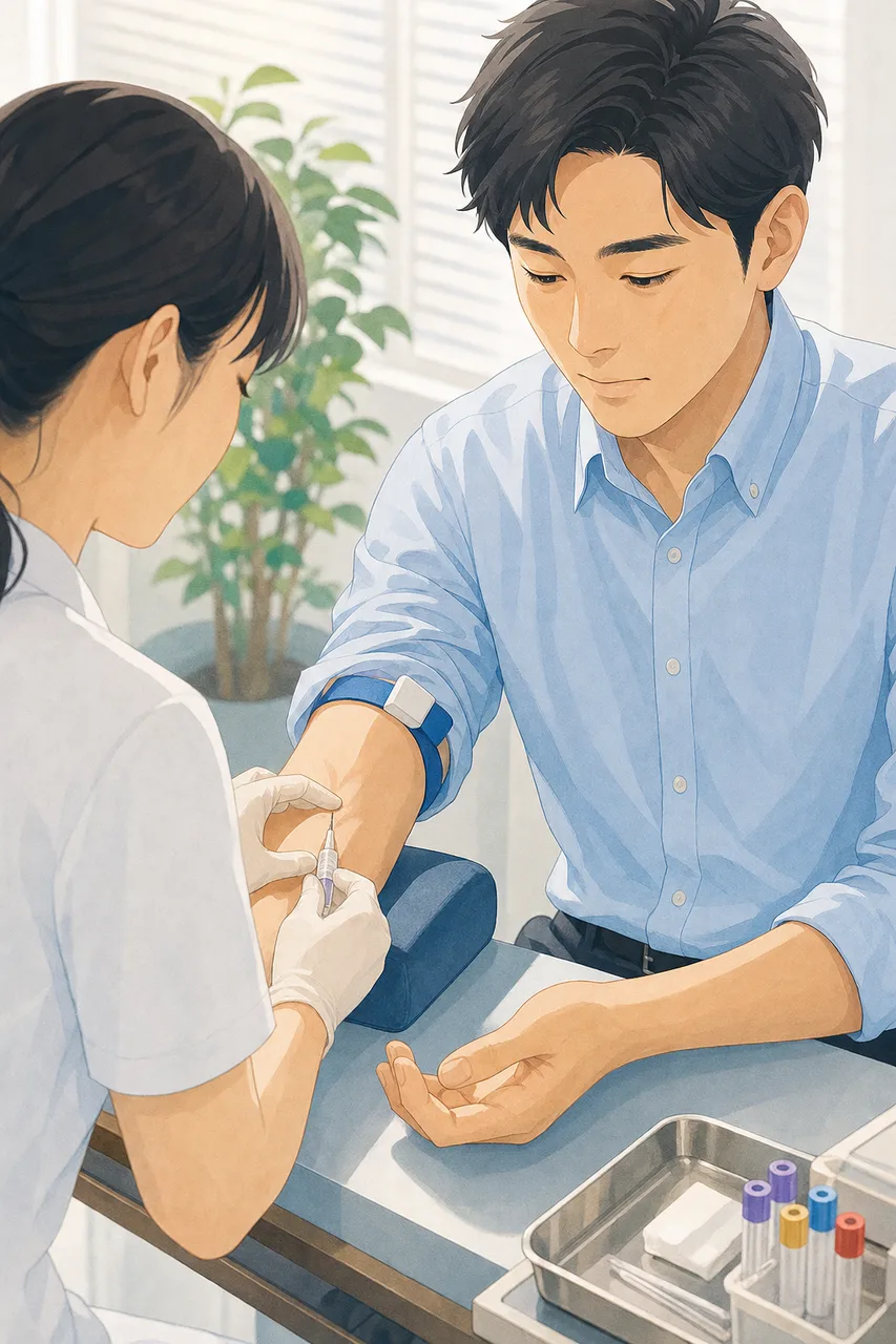 健康診断を受ける働き盛りの日本人（提案資料用）。健康診断を受ける働き盛りの日本人をテーマに、提案資料用として使いやすく構成した商用AI素材です。