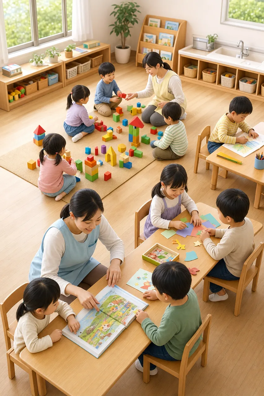 保育園で遊びながら学ぶ子どもたち（提案資料用）。保育園で遊びながら学ぶ子どもたちをテーマに、提案資料用として使いやすく構成した商用AI素材です。