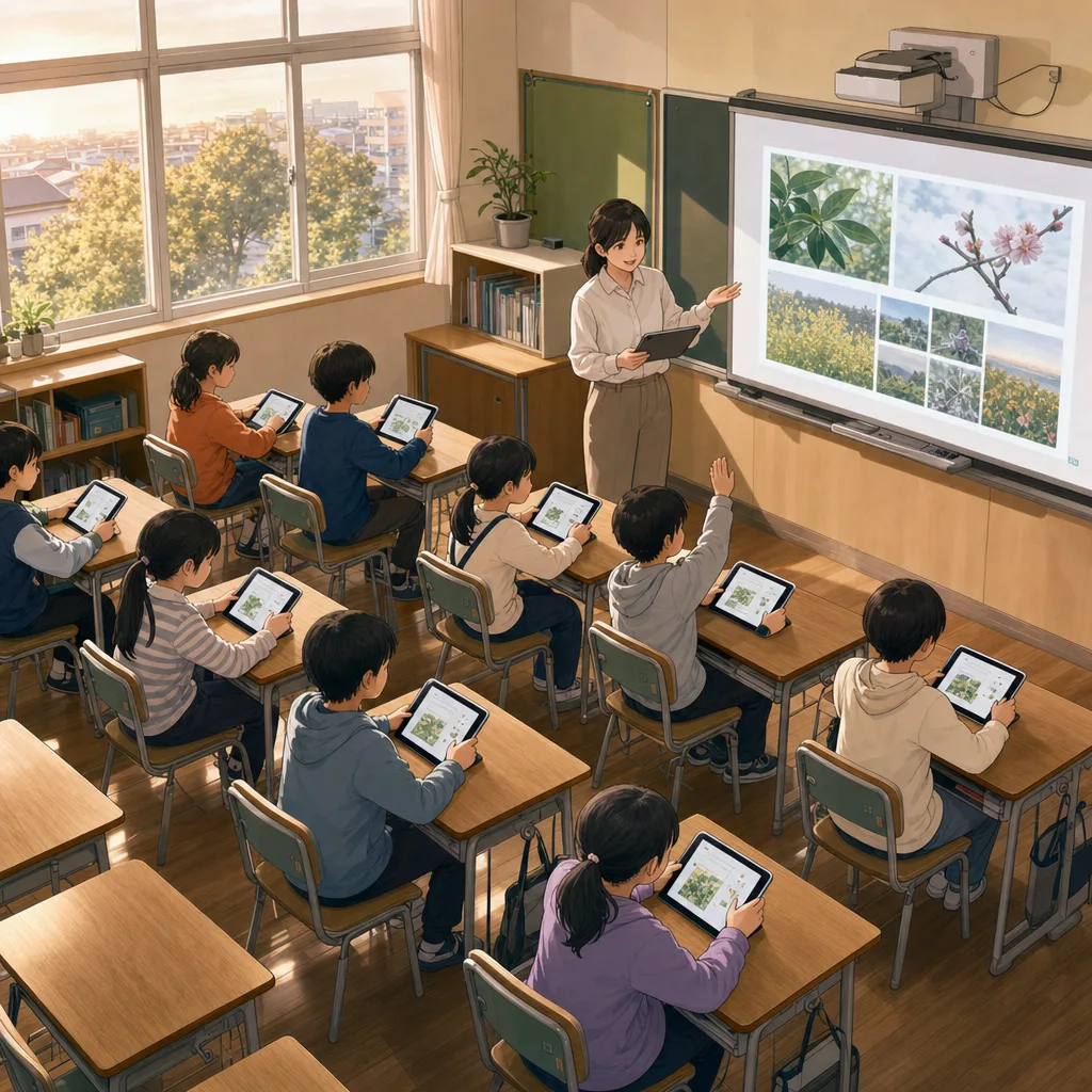 タブレットを使う日本の小学校の授業（提案資料用）。タブレットを使う日本の小学校の授業をテーマに、提案資料用として使いやすく構成した商用AI素材です。