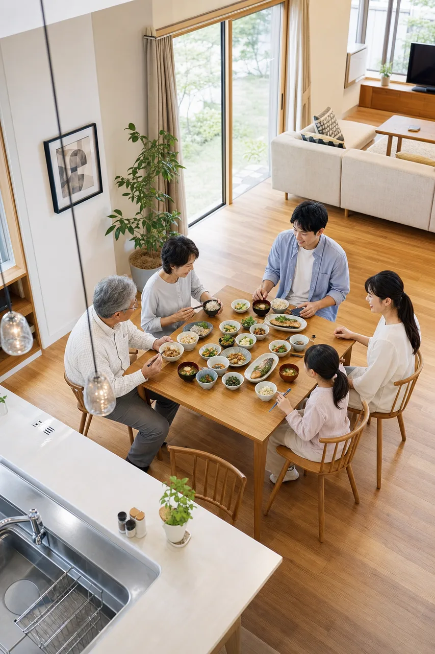 日本の三世代家族の日常（提案資料用）。日本の三世代家族の日常をテーマに、提案資料用として使いやすく構成した商用AI素材です。