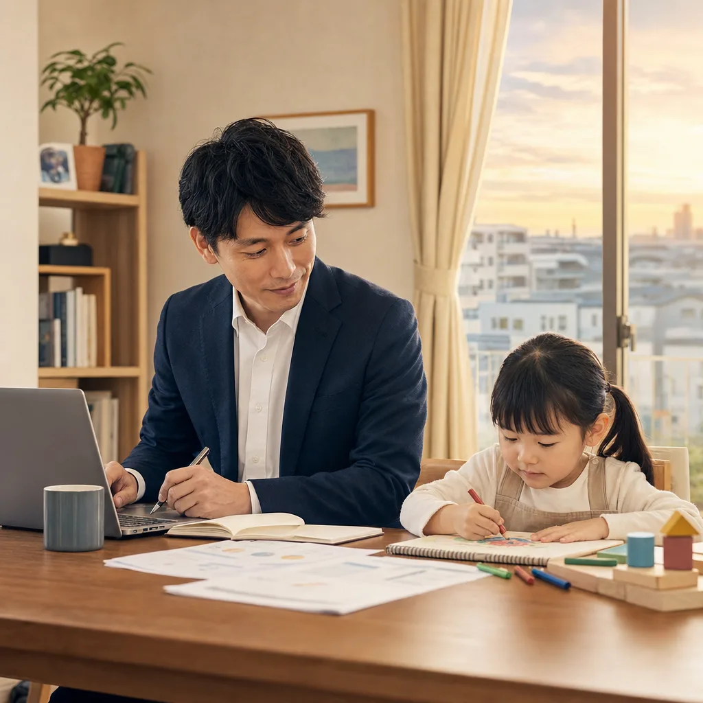 仕事と育児を両立する親（提案資料用）。仕事と育児を両立する親をテーマに、提案資料用として使いやすく構成した商用AI素材です。