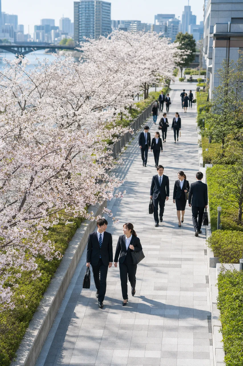 桜の季節に新生活を始める社会人（提案資料用）。桜の季節に新生活を始める社会人をテーマに、提案資料用として使いやすく構成した商用AI素材です。