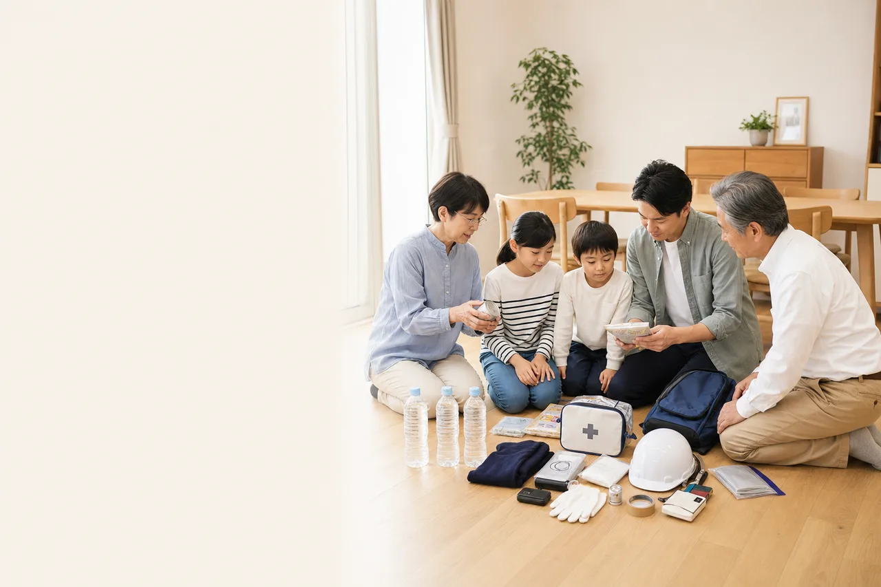 家庭で防災用品を確認する人々（提案資料用）。家庭で防災用品を確認する人々をテーマに、提案資料用として使いやすく構成した商用AI素材です。