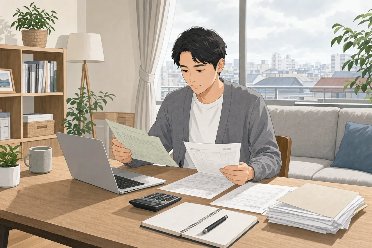 年末調整と確定申告を準備する人（提案資料用）。年末調整と確定申告を準備する人をテーマに、提案資料用として使いやすく構成した商用AI素材です。