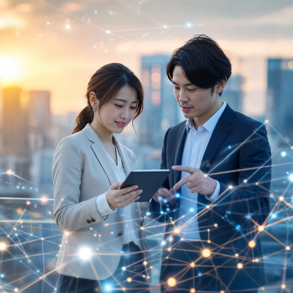 データと通信を表す抽象的なテクノロジー背景（提案資料用）。データと通信を表す抽象的なテクノロジー背景をテーマに、提案資料用として使いやすく構成した商用AI素材です。
