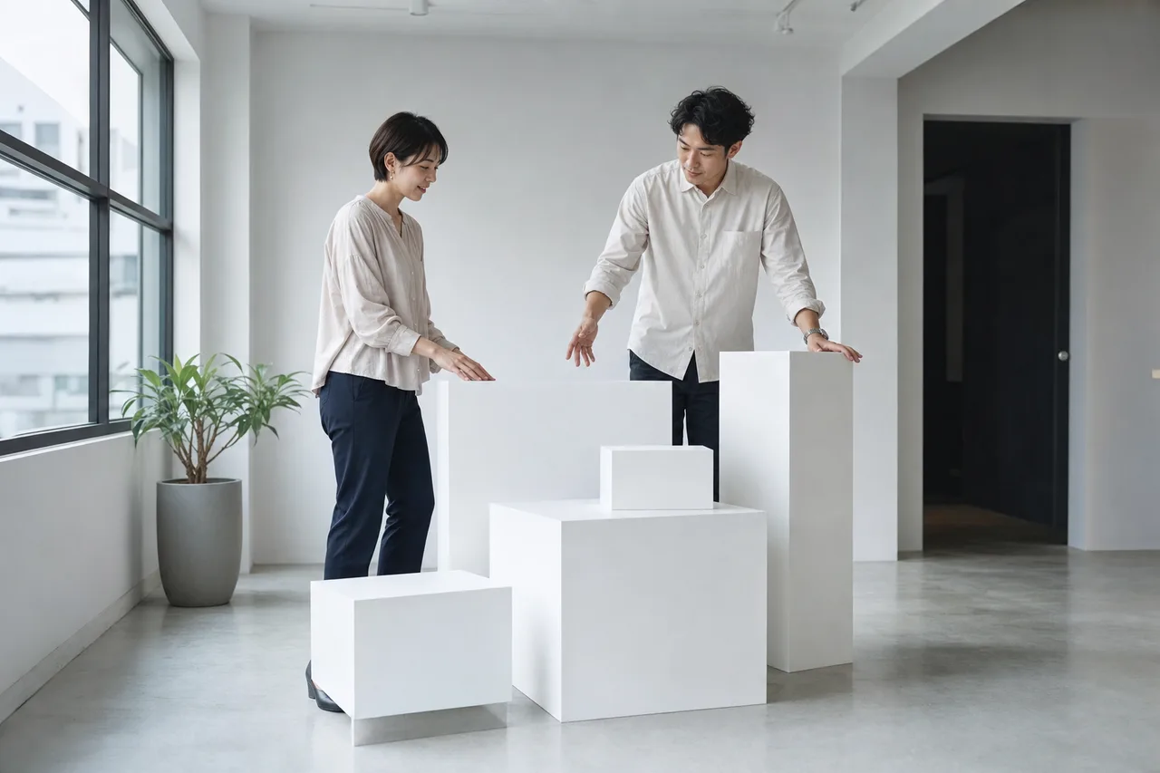 商品を置ける清潔な立体展示台（提案資料用）。商品を置ける清潔な立体展示台をテーマに、提案資料用として使いやすく構成した商用AI素材です。