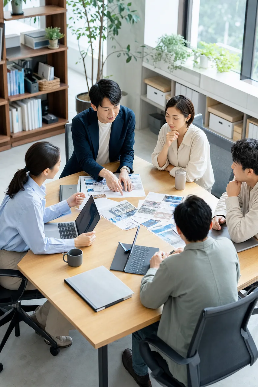 日本の中小企業の具体的な企画会議（採用ページ用）。日本の中小企業の具体的な企画会議をテーマに、採用ページ用として使いやすく構成した商用AI素材です。
