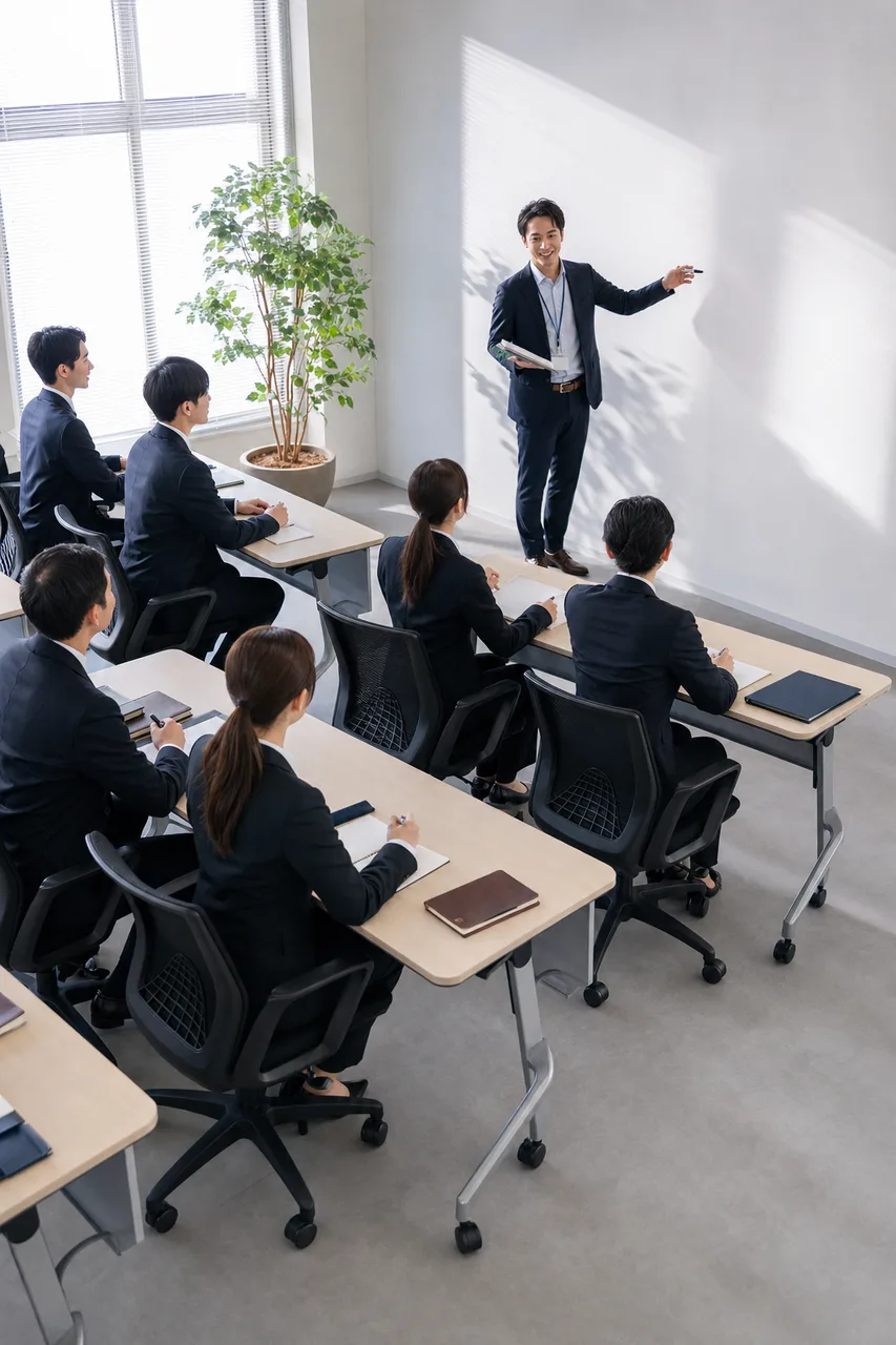 新入社員のオンボーディング研修（採用ページ用）。新入社員のオンボーディング研修をテーマに、採用ページ用として使いやすく構成した商用AI素材です。