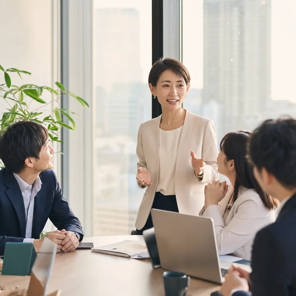 日本人女性管理職のリーダーシップ（採用ページ用）。日本人女性管理職のリーダーシップをテーマに、採用ページ用として使いやすく構成した商用AI素材です。