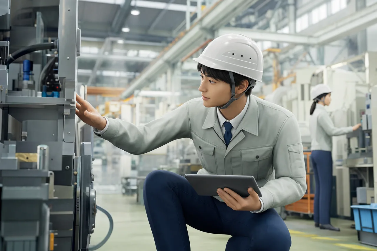 日本の製造現場で確認する技術者（採用ページ用）。日本の製造現場で確認する技術者をテーマに、採用ページ用として使いやすく構成した商用AI素材です。