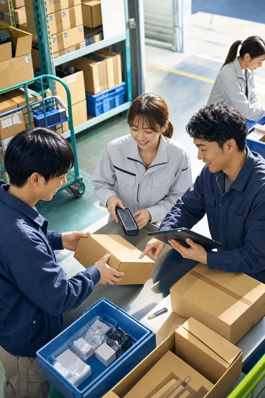 物流倉庫で連携するスタッフ（採用ページ用）。物流倉庫で連携するスタッフをテーマに、採用ページ用として使いやすく構成した商用AI素材です。