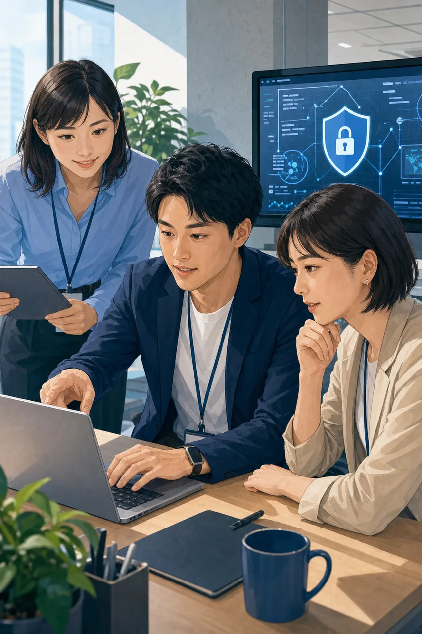 企業のサイバーセキュリティ対策（採用ページ用）。企業のサイバーセキュリティ対策をテーマに、採用ページ用として使いやすく構成した商用AI素材です。