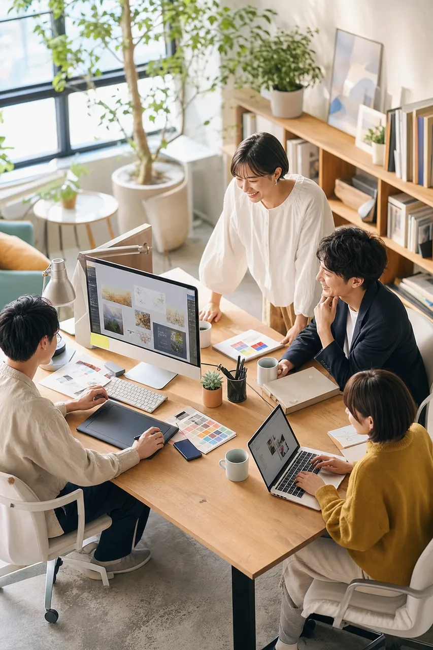 生成AIと協働する日本人クリエイター（採用ページ用）。生成AIと協働する日本人クリエイターをテーマに、採用ページ用として使いやすく構成した商用AI素材です。