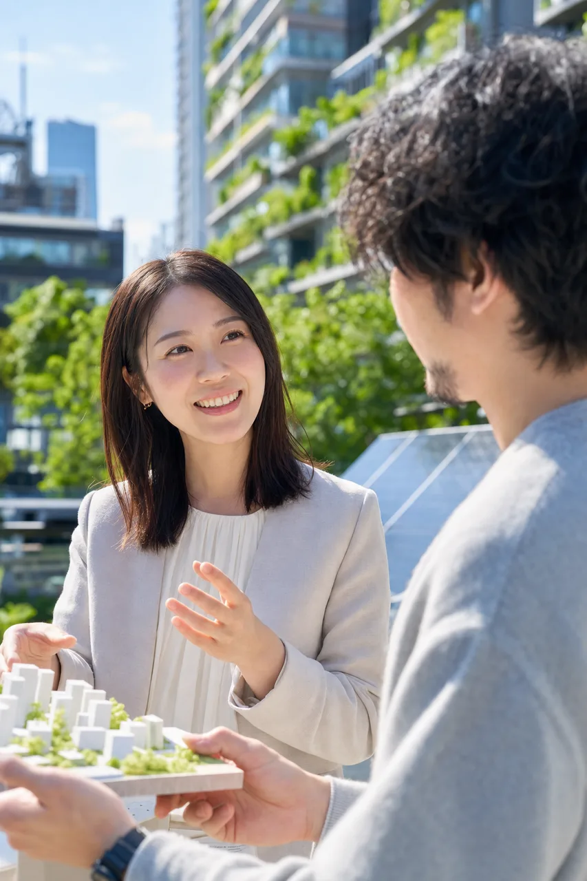 人と環境に配慮した日本のスマートシティ（採用ページ用）。人と環境に配慮した日本のスマートシティをテーマに、採用ページ用として使いやすく構成した商用AI素材です。