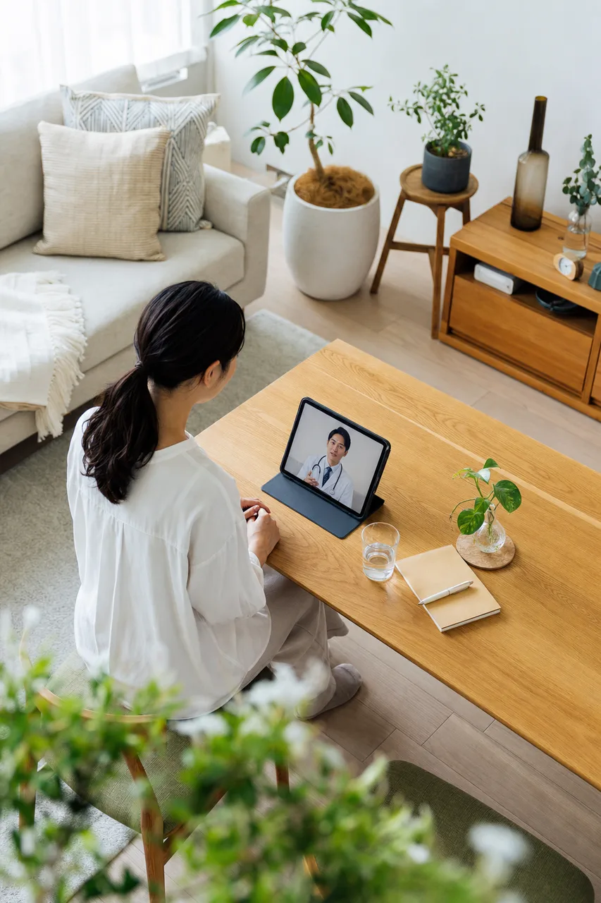自宅でオンライン診療を受ける患者（採用ページ用）。自宅でオンライン診療を受ける患者をテーマに、採用ページ用として使いやすく構成した商用AI素材です。