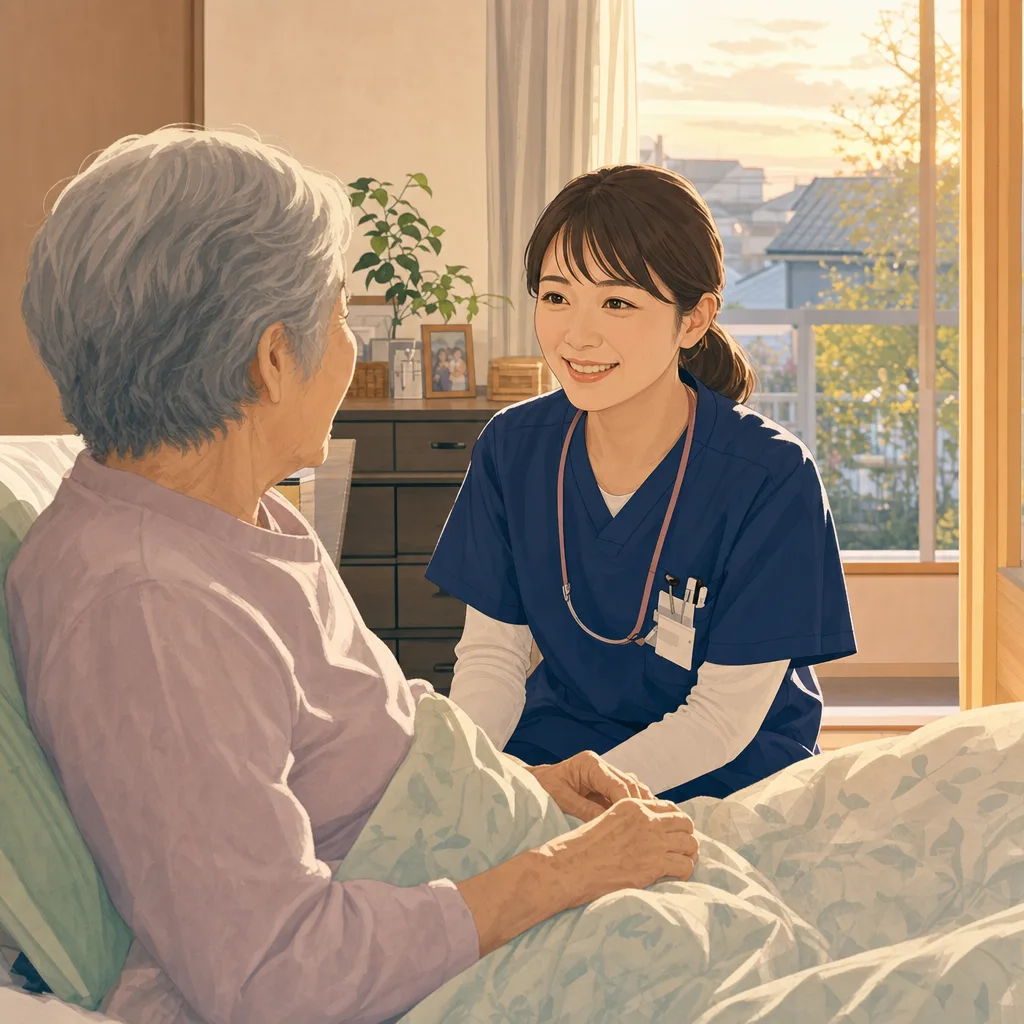 高齢者を訪問する看護師（採用ページ用）。高齢者を訪問する看護師をテーマに、採用ページ用として使いやすく構成した商用AI素材です。