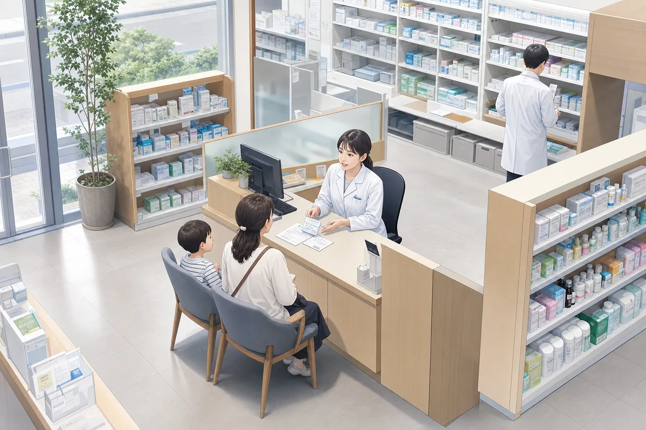 薬局で服薬説明をする薬剤師（採用ページ用）。薬局で服薬説明をする薬剤師をテーマに、採用ページ用として使いやすく構成した商用AI素材です。