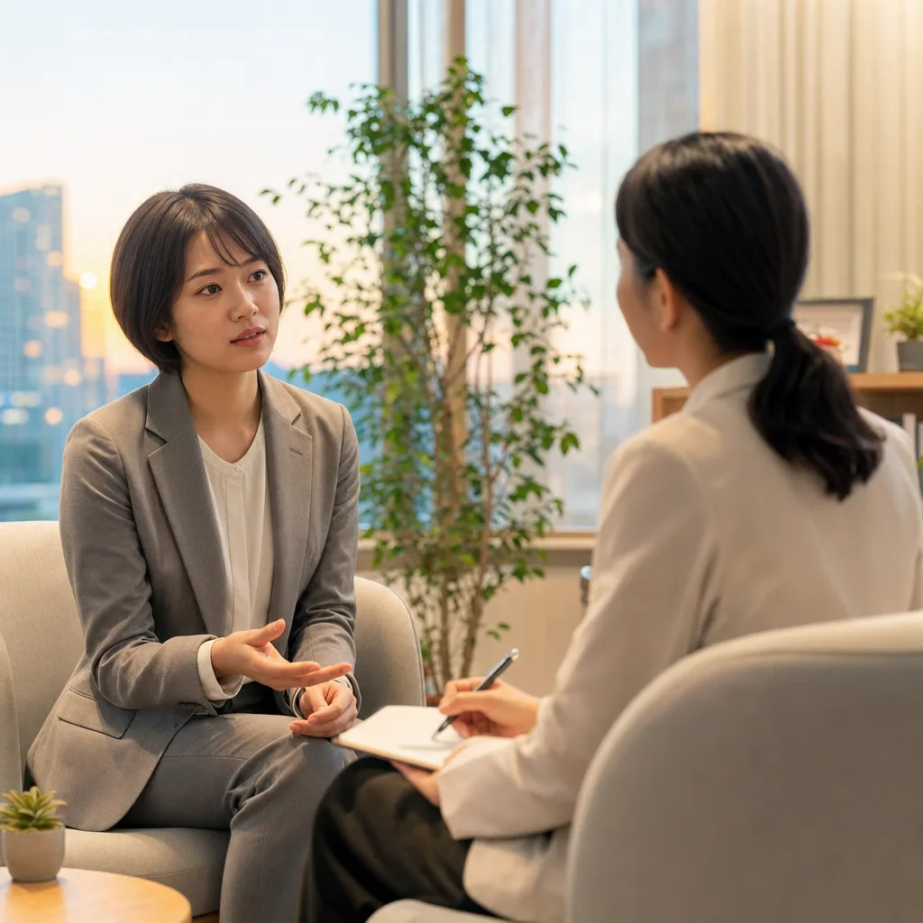 カウンセラーに心の健康を相談する会社員（採用ページ用）。カウンセラーに心の健康を相談する会社員をテーマに、採用ページ用として使いやすく構成した商用AI素材です。