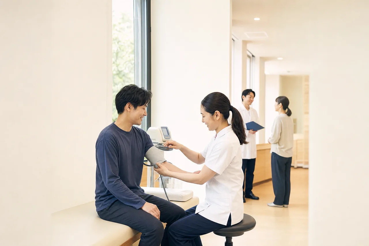 健康診断を受ける働き盛りの日本人（採用ページ用）。健康診断を受ける働き盛りの日本人をテーマに、採用ページ用として使いやすく構成した商用AI素材です。