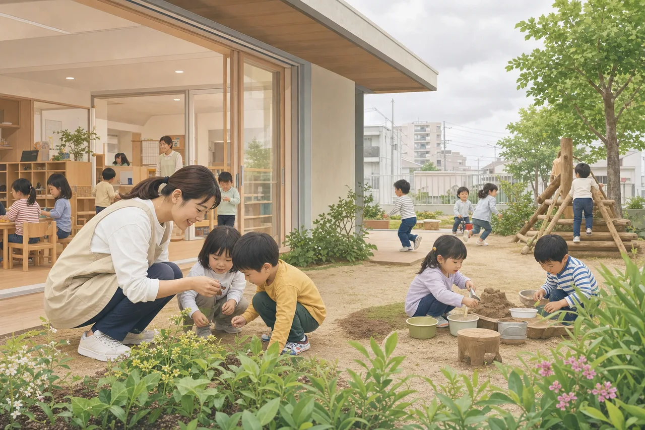 保育園で遊びながら学ぶ子どもたち（採用ページ用）。保育園で遊びながら学ぶ子どもたちをテーマに、採用ページ用として使いやすく構成した商用AI素材です。