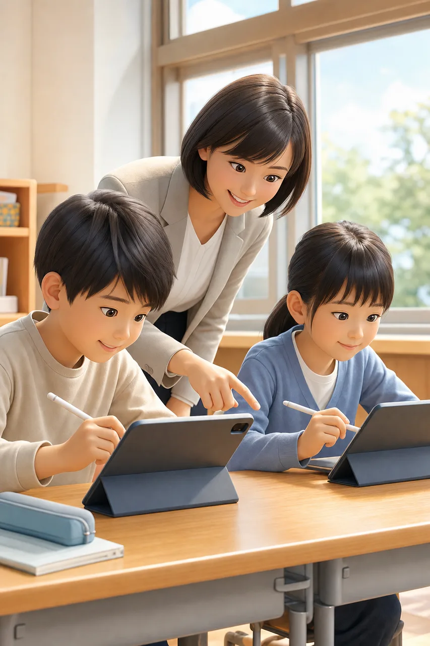 タブレットを使う日本の小学校の授業（採用ページ用）。タブレットを使う日本の小学校の授業をテーマに、採用ページ用として使いやすく構成した商用AI素材です。