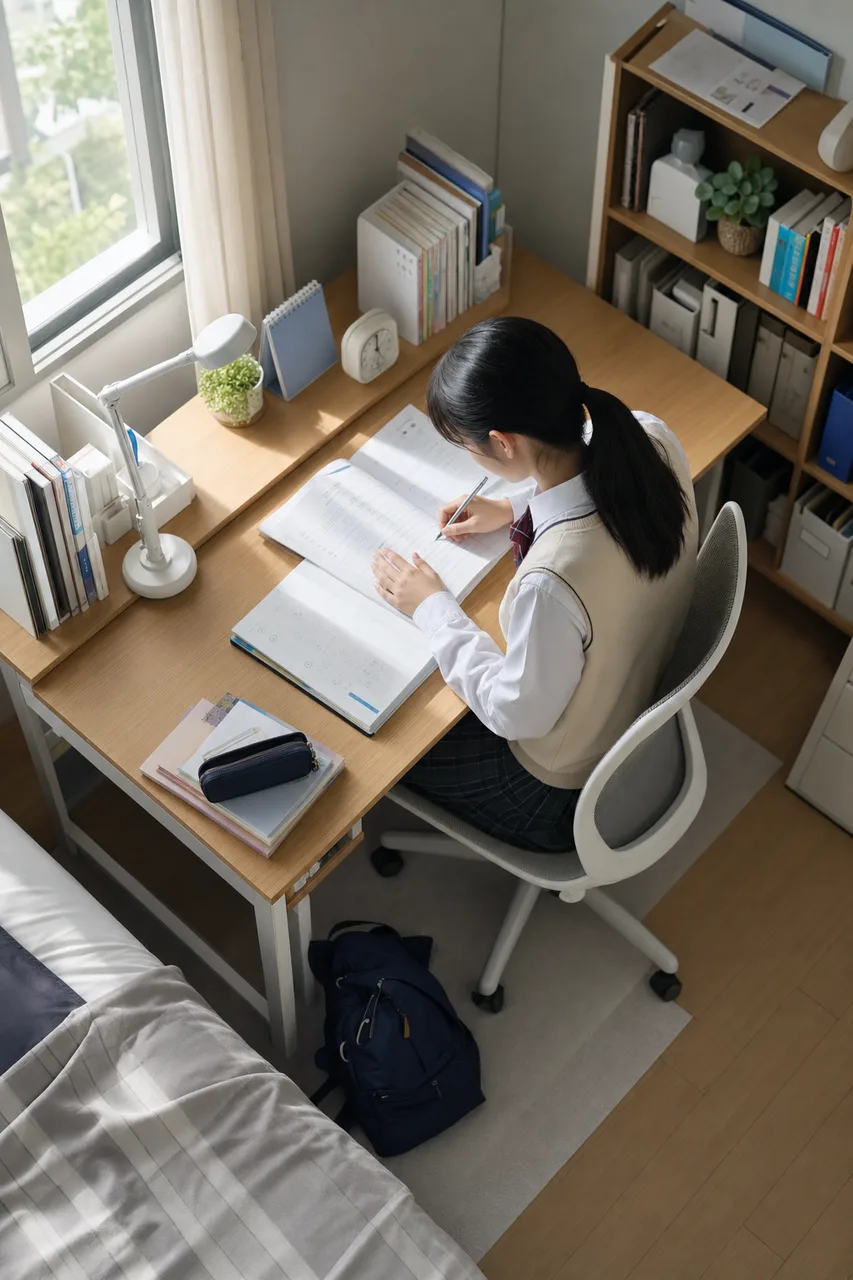 受験勉強に集中する高校生（採用ページ用）。受験勉強に集中する高校生をテーマに、採用ページ用として使いやすく構成した商用AI素材です。