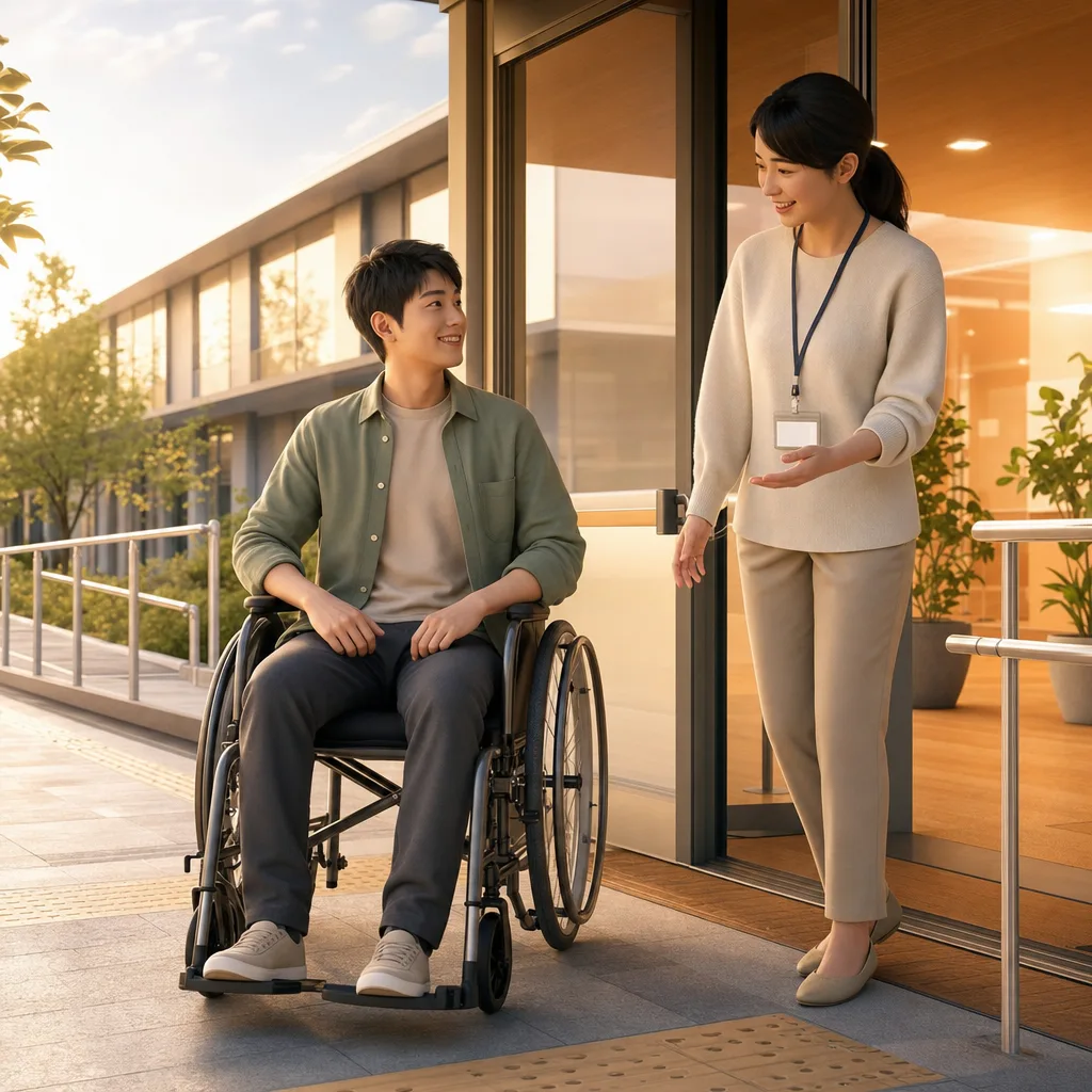 車椅子でバリアフリー施設を利用する人（採用ページ用）。車椅子でバリアフリー施設を利用する人をテーマに、採用ページ用として使いやすく構成した商用AI素材です。