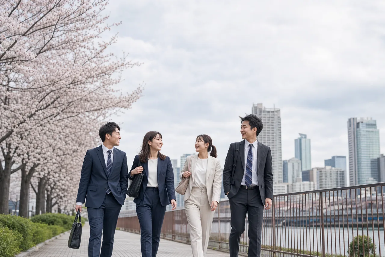 桜の季節に新生活を始める社会人（採用ページ用）。桜の季節に新生活を始める社会人をテーマに、採用ページ用として使いやすく構成した商用AI素材です。