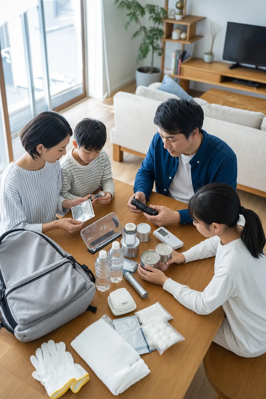 家庭で防災用品を確認する人々（採用ページ用）。家庭で防災用品を確認する人々をテーマに、採用ページ用として使いやすく構成した商用AI素材です。