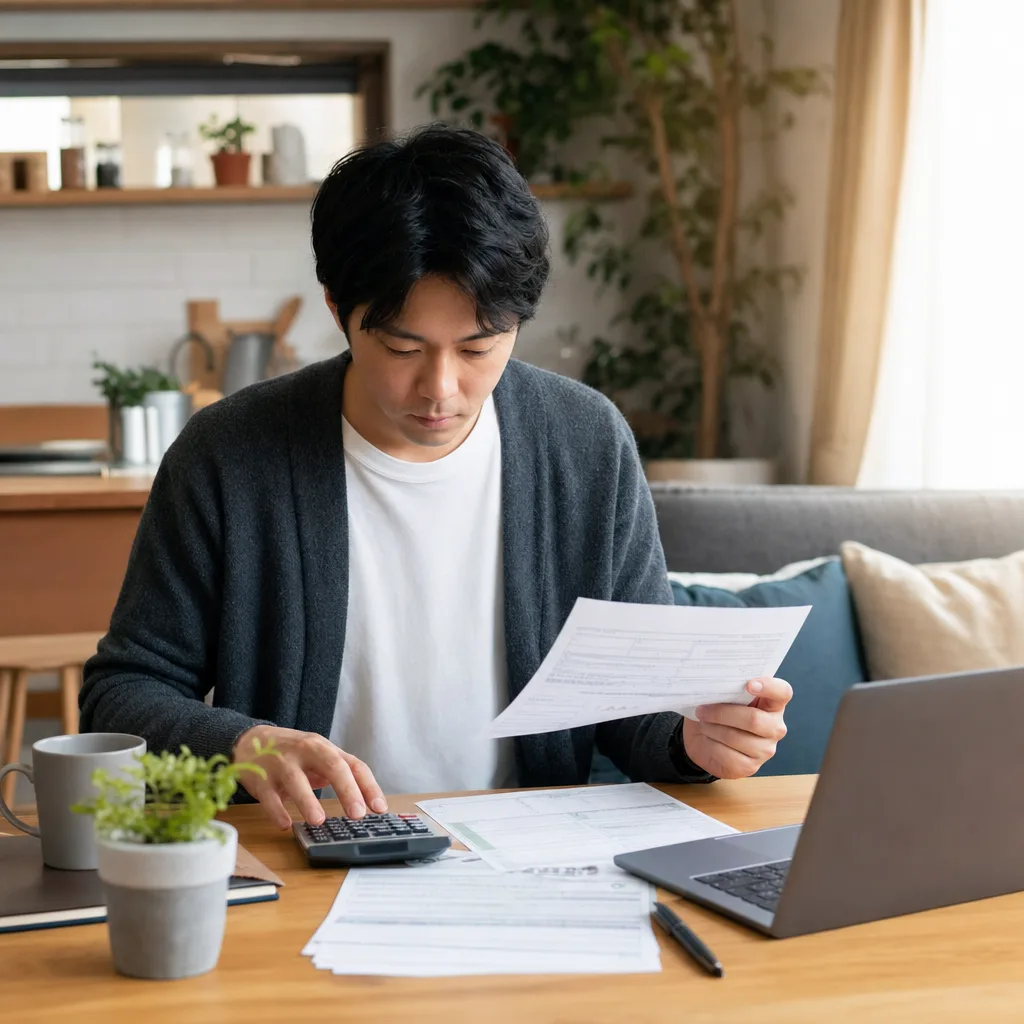 年末調整と確定申告を準備する人（採用ページ用）。年末調整と確定申告を準備する人をテーマに、採用ページ用として使いやすく構成した商用AI素材です。