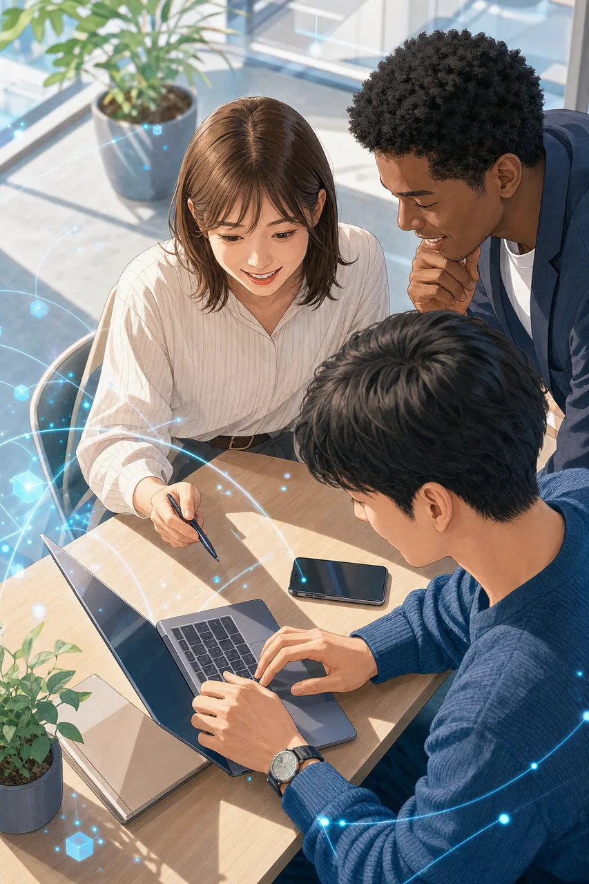 データと通信を表す抽象的なテクノロジー背景（採用ページ用）。データと通信を表す抽象的なテクノロジー背景をテーマに、採用ページ用として使いやすく構成した商用AI素材です。