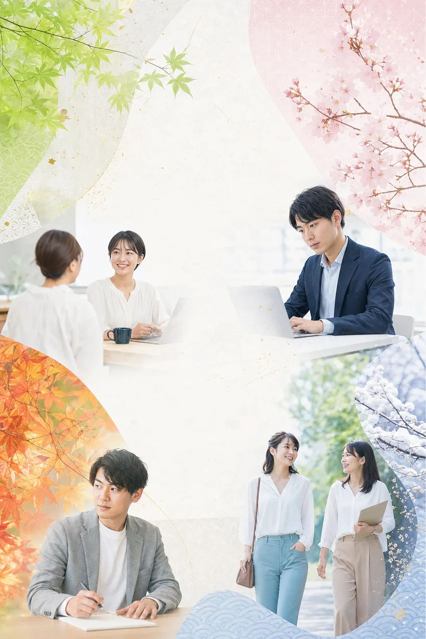 日本の四季を表す上品な和柄背景（採用ページ用）。日本の四季を表す上品な和柄背景をテーマに、採用ページ用として使いやすく構成した商用AI素材です。