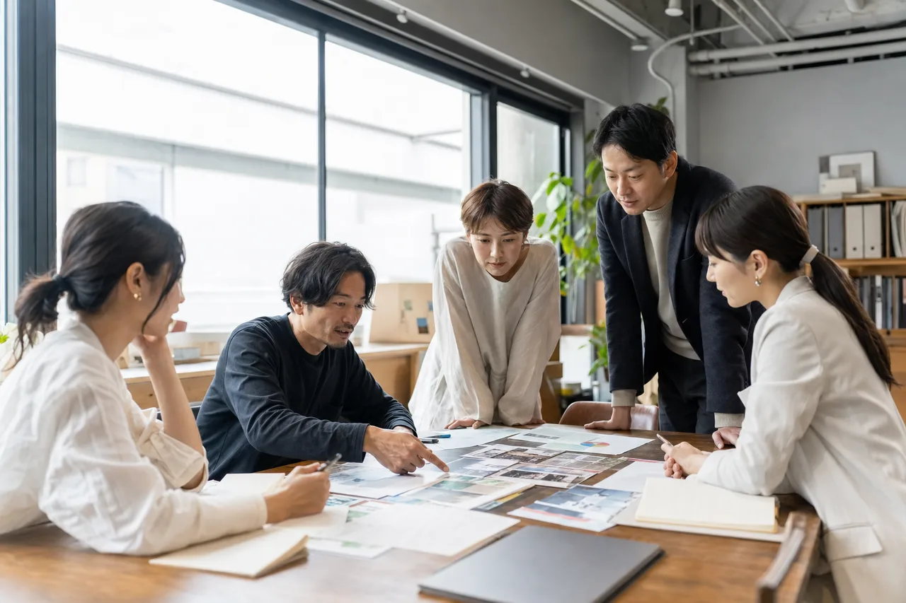 日本の中小企業の具体的な企画会議（ブログ記事用）。日本の中小企業の具体的な企画会議をテーマに、ブログ記事用として使いやすく構成した商用AI素材です。