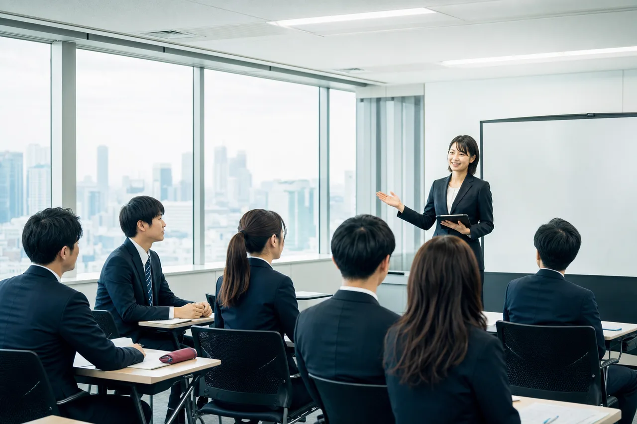 新入社員のオンボーディング研修（ブログ記事用）。新入社員のオンボーディング研修をテーマに、ブログ記事用として使いやすく構成した商用AI素材です。