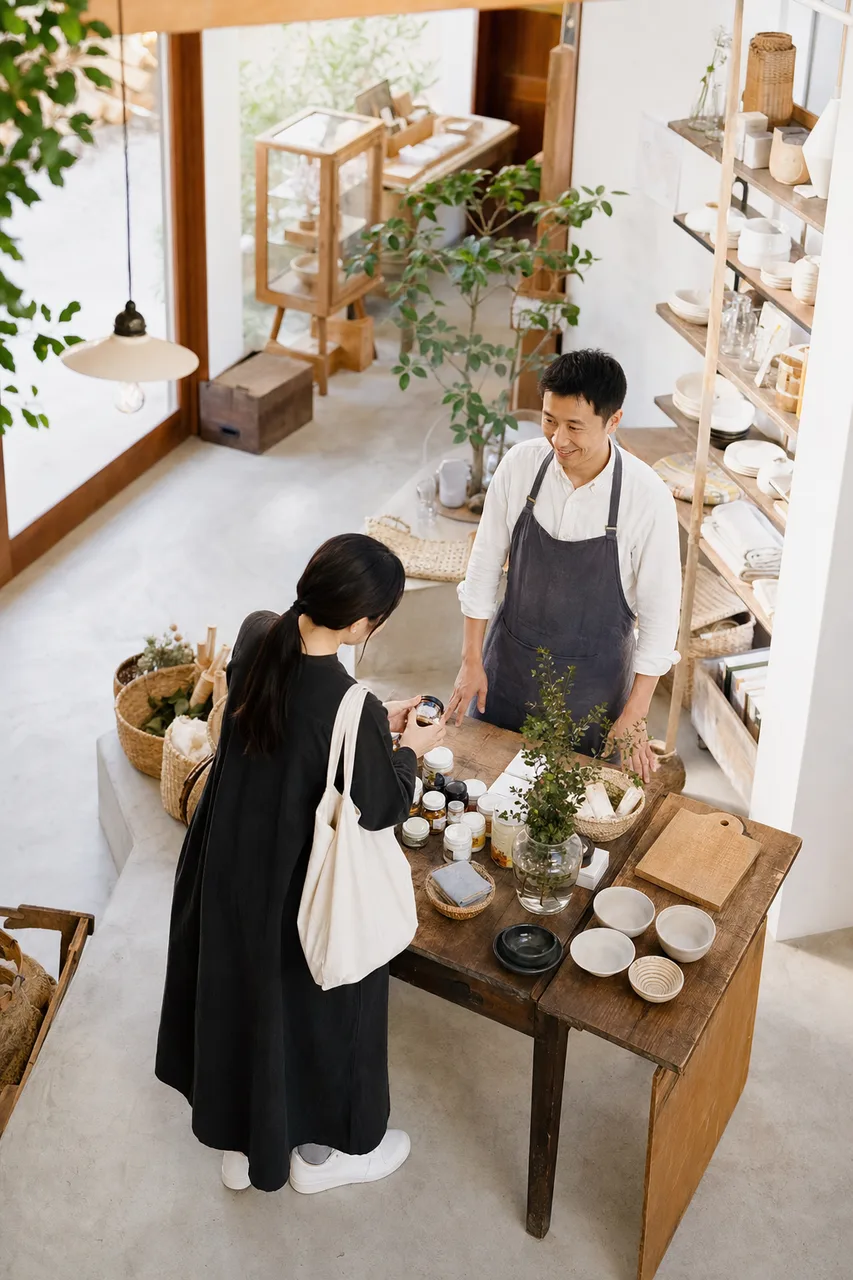 地域の小売店を営むオーナー（ブログ記事用）。地域の小売店を営むオーナーをテーマに、ブログ記事用として使いやすく構成した商用AI素材です。