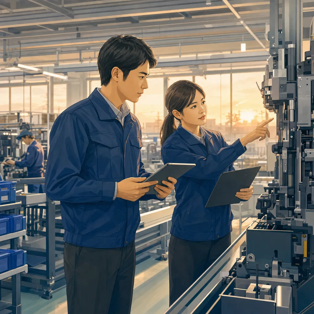 日本の製造現場で確認する技術者（ブログ記事用）。日本の製造現場で確認する技術者をテーマに、ブログ記事用として使いやすく構成した商用AI素材です。