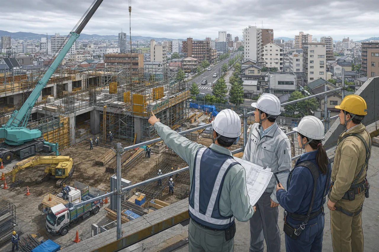 建設現場で安全確認する作業員（ブログ記事用）。建設現場で安全確認する作業員をテーマに、ブログ記事用として使いやすく構成した商用AI素材です。