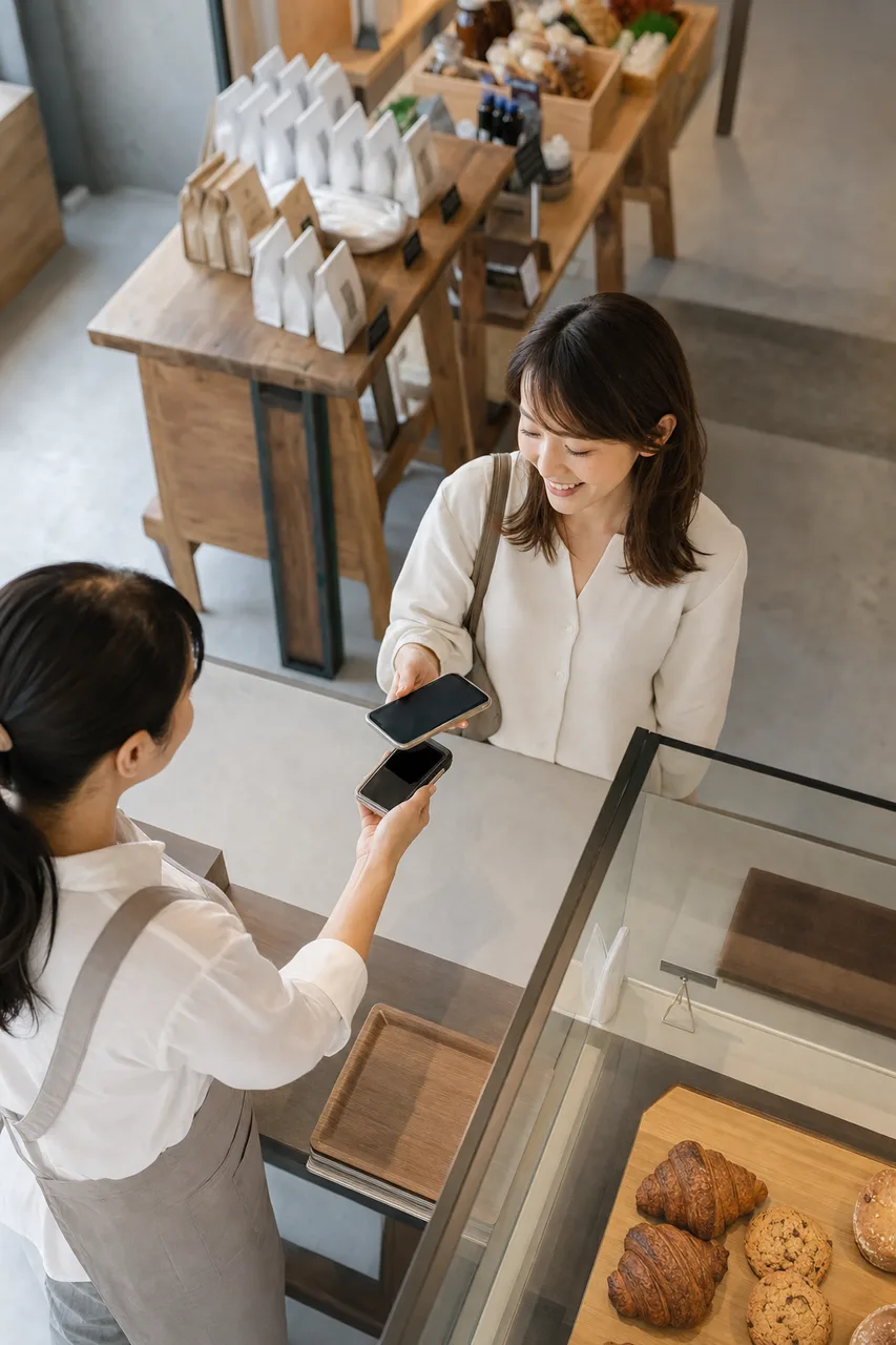 店舗でキャッシュレス決済する顧客（ブログ記事用）。店舗でキャッシュレス決済する顧客をテーマに、ブログ記事用として使いやすく構成した商用AI素材です。