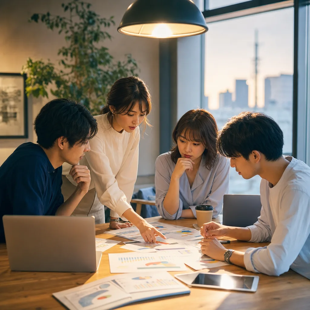 マーケティングデータを分析するチーム（ブログ記事用）。マーケティングデータを分析するチームをテーマに、ブログ記事用として使いやすく構成した商用AI素材です。