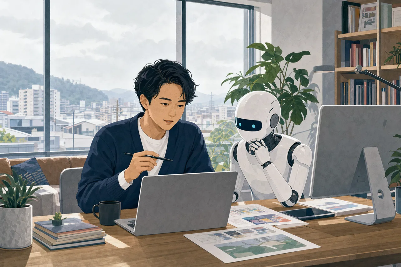 生成AIと協働する日本人クリエイター（ブログ記事用）。生成AIと協働する日本人クリエイターをテーマに、ブログ記事用として使いやすく構成した商用AI素材です。