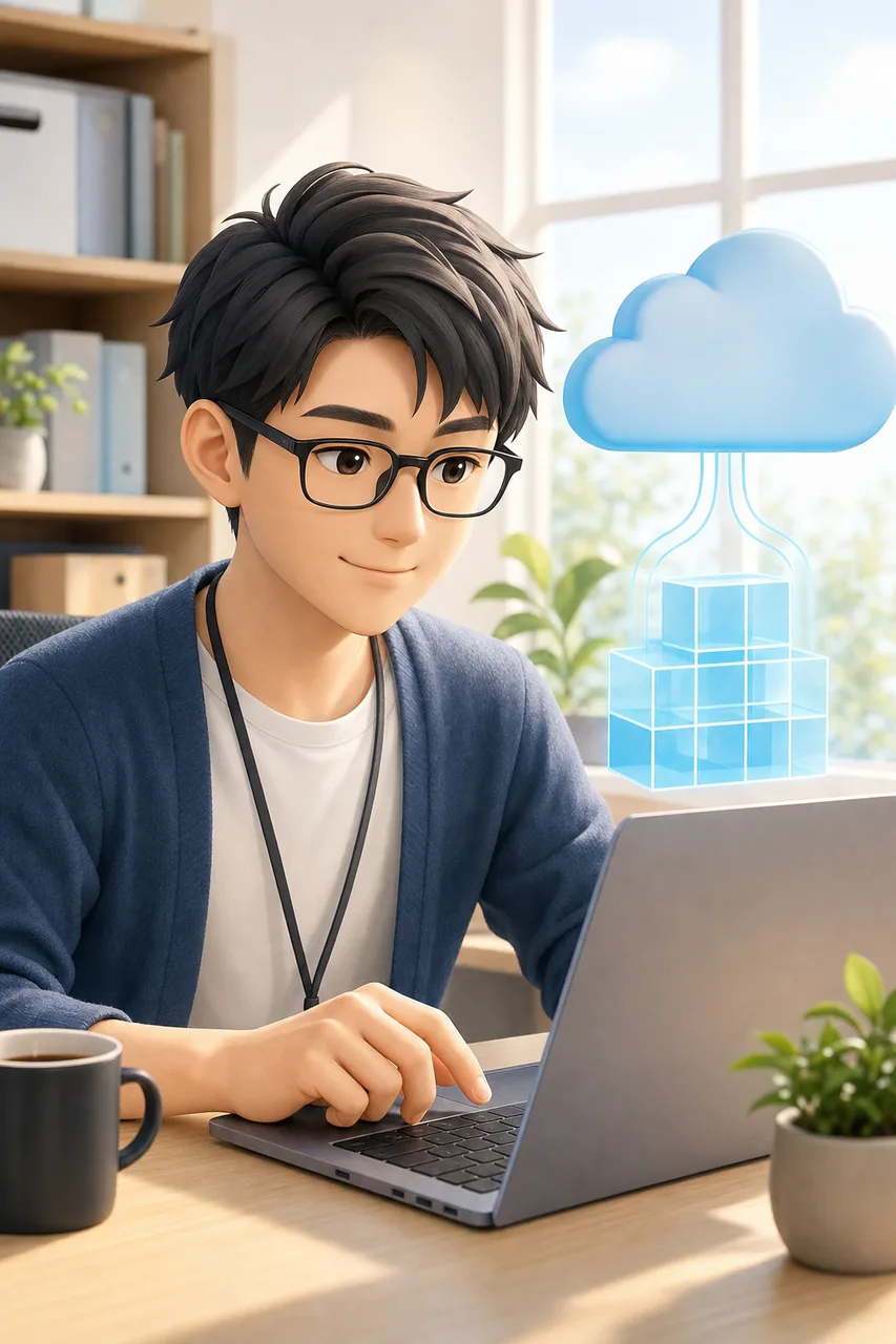 クラウド上のデータを管理するエンジニア（ブログ記事用）。クラウド上のデータを管理するエンジニアをテーマに、ブログ記事用として使いやすく構成した商用AI素材です。