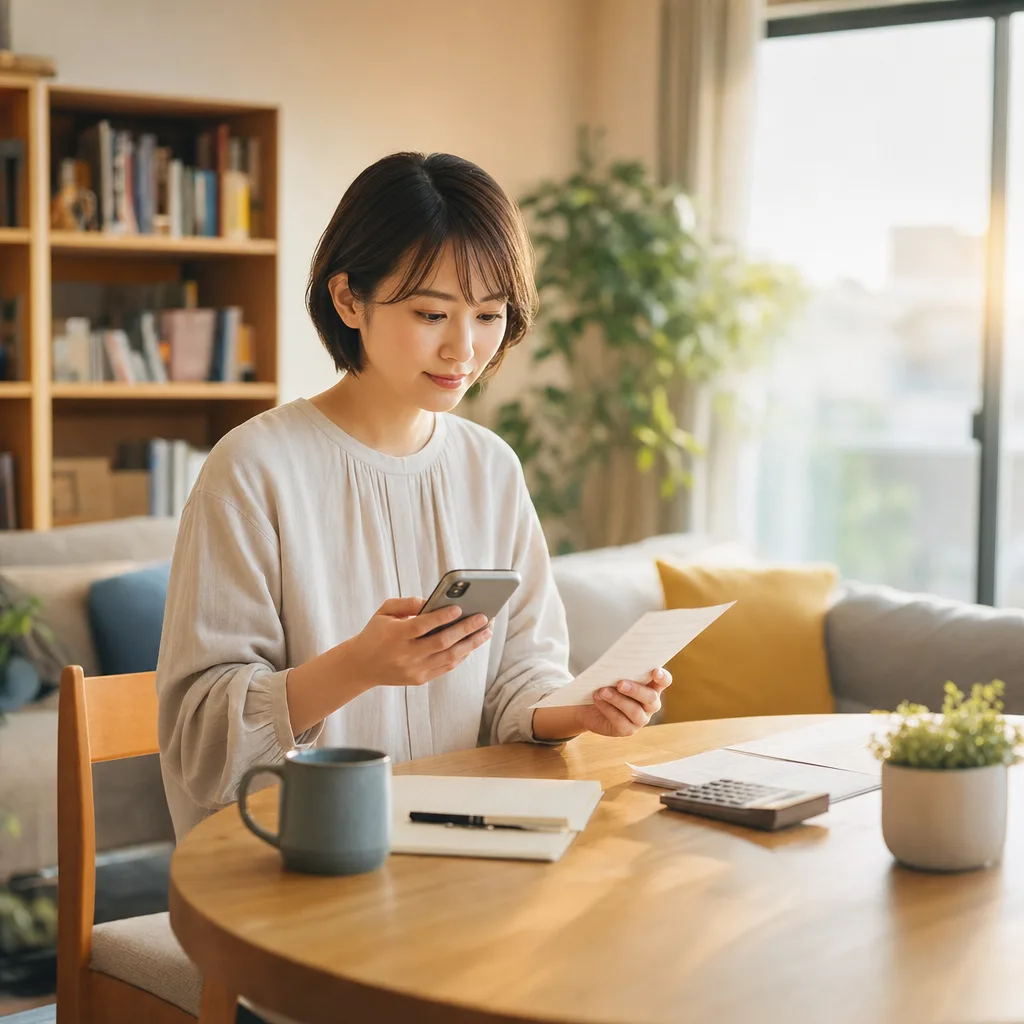 家計を管理するフィンテック利用者（ブログ記事用）。家計を管理するフィンテック利用者をテーマに、ブログ記事用として使いやすく構成した商用AI素材です。